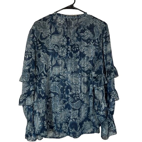 Frye & Co Blue Floral Ruffle Long Sleeve Dressy Button Down Blouse Women Sz XXL - Picture 2 of 10